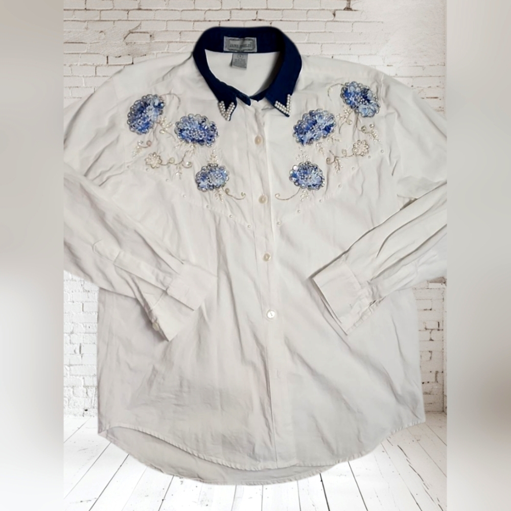 Vintage Jane Ashley Western Pearl & Denim Collar Blouse – Small